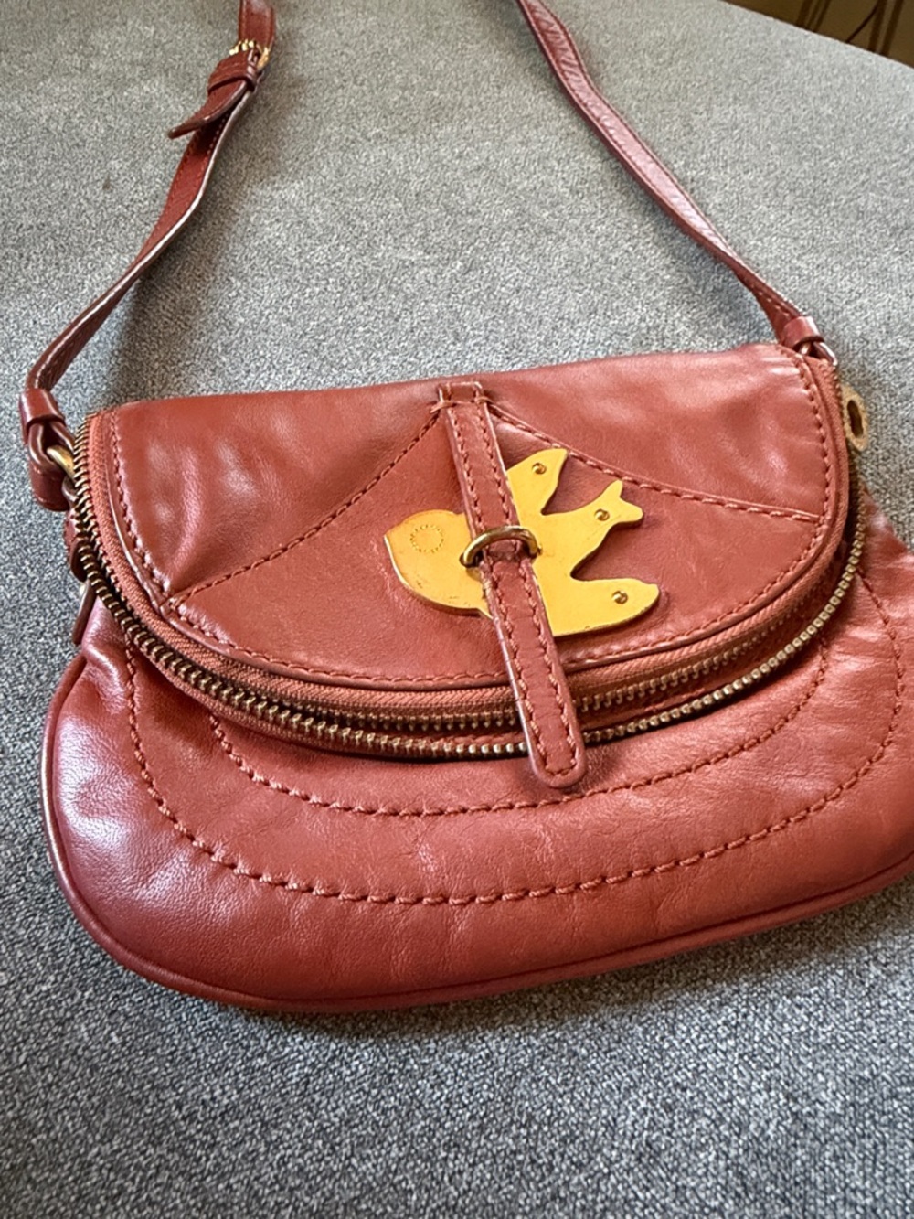 Marc Jacobs Rust Red Leather Crossbody with Yellow Bird Accent - Picture 2 of 8